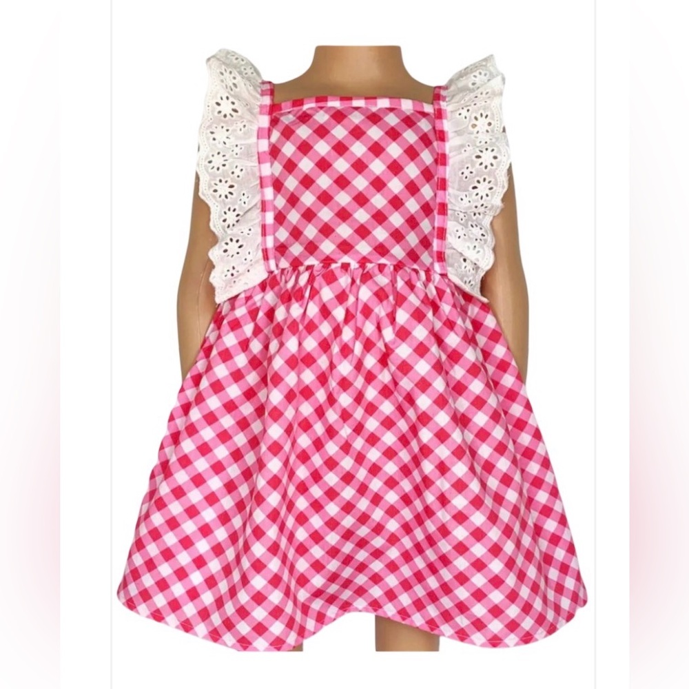 Girls Pink Gingham Dress with Lace Straps